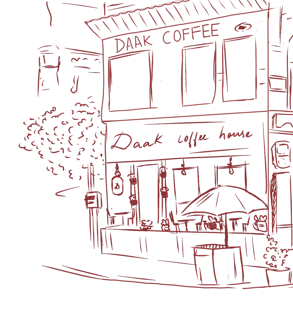 Illustration of a corner cafe storefront